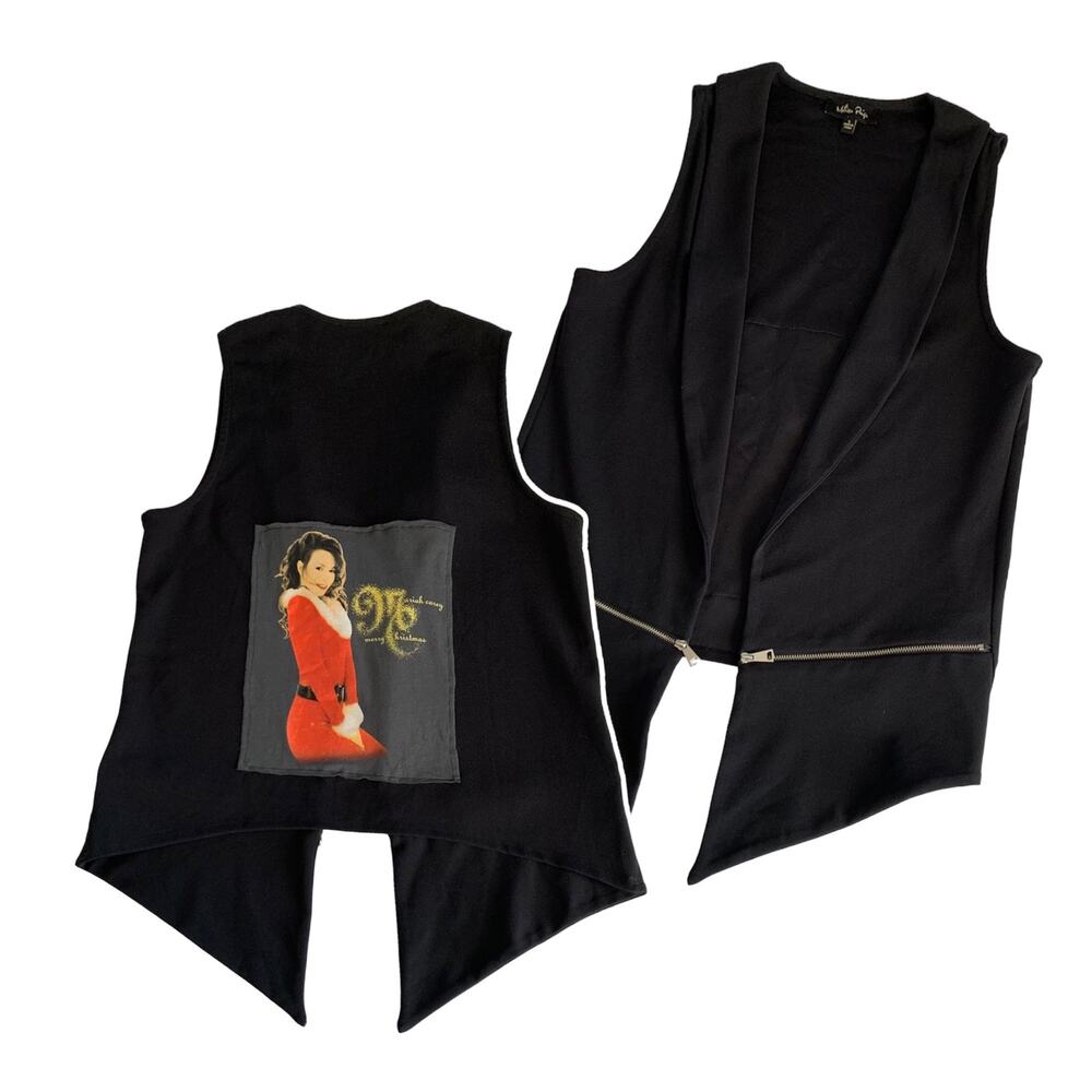 Reworked Apparel Mariah Carey Christmas Graphic Black Custom Upcycled Vest Small